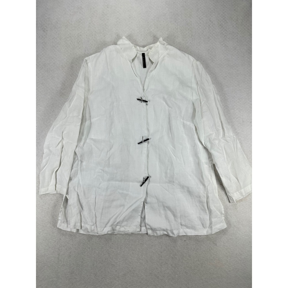 I.C. by Connie K White Linen Toggle Front Tunic Open Back Blouse Large L